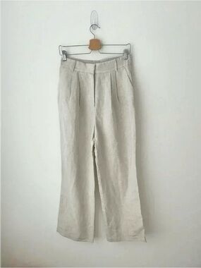 H&M Linen Blend Wide Leg Pants High Waist Beige Summer Trousers Size 6